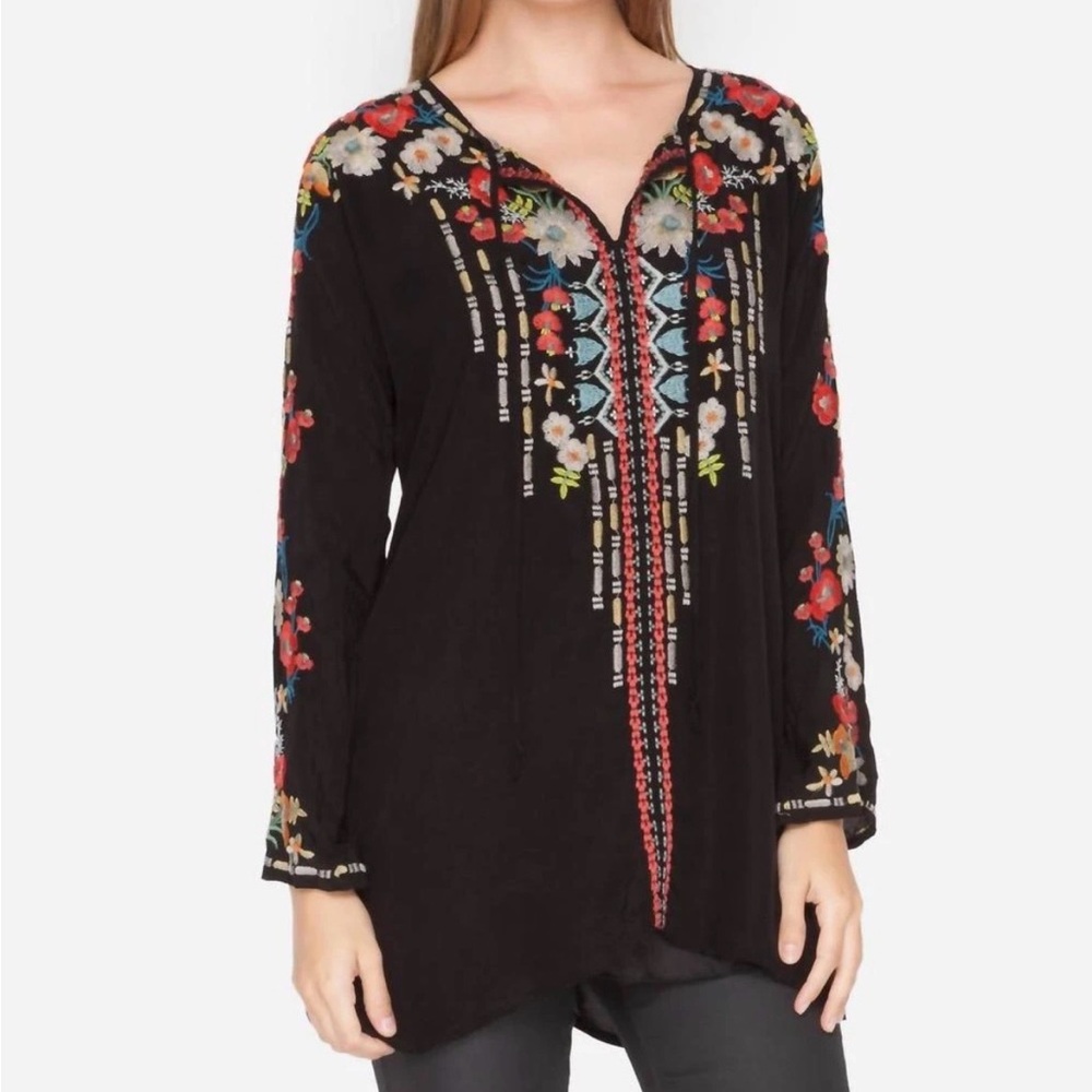 JOHNNY WAS Emily embroidered tunic top, black w/ colorful embroidery size medium